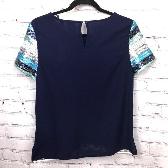 New York and Company Soho Jeans Striped Sequins Keyhole Back Short Sleeve Top XS - Picture 3 of 10